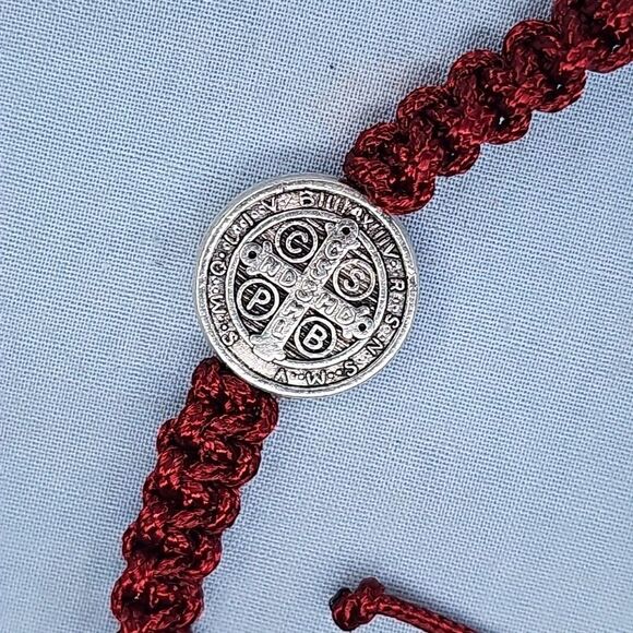 St. Benedict Blessed Cross Dark Red Bracelet Adjustable String Silver Tone Metal - Picture 3 of 5